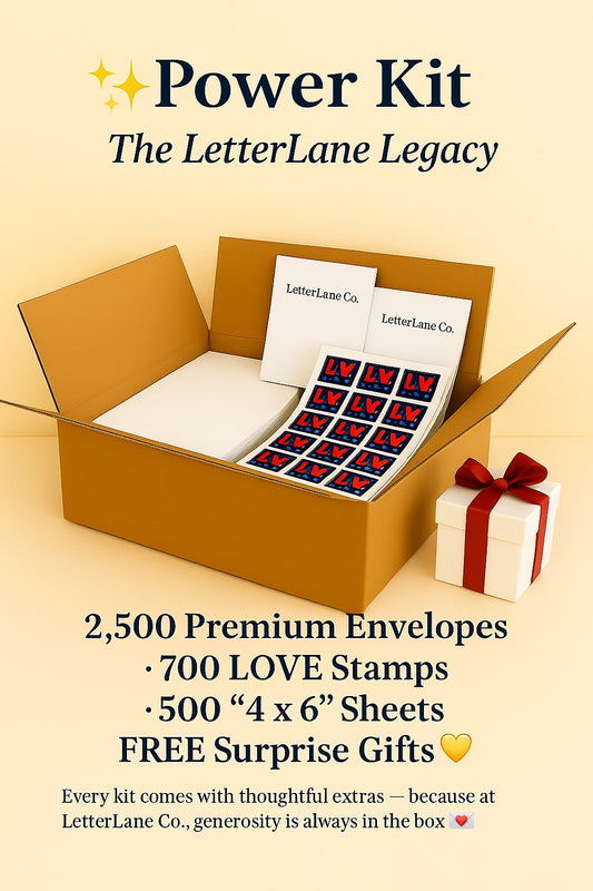 LetterLane Co.™ Power Kit: 2,500 Premium Envelopes • 700 LOVE Stamps • 500 Writing Sheets (4x6) • FREE Surprise Gifts 💌