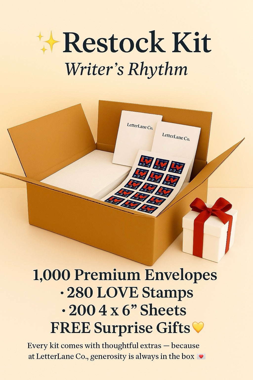 LetterLane Co.™ Restock Kit: 1,000 Premium Envelopes • 280 LOVE Stamps • 200 Writing Sheets (4x6) • FREE Surprise Gifts 💌