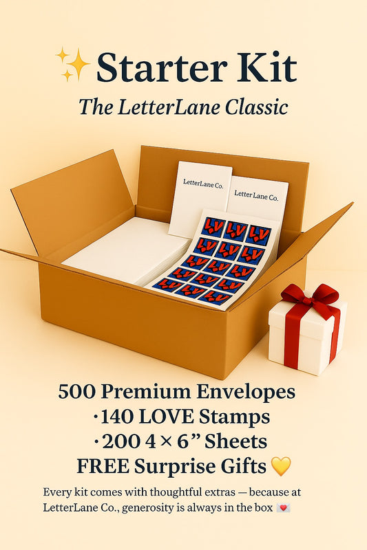 LetterLane Co.™ Starter Kit: 500 Envelopes • 140 LOVE Stamps • 100 Writing Sheets (4x6) • FREE Surprise Gifts 💌